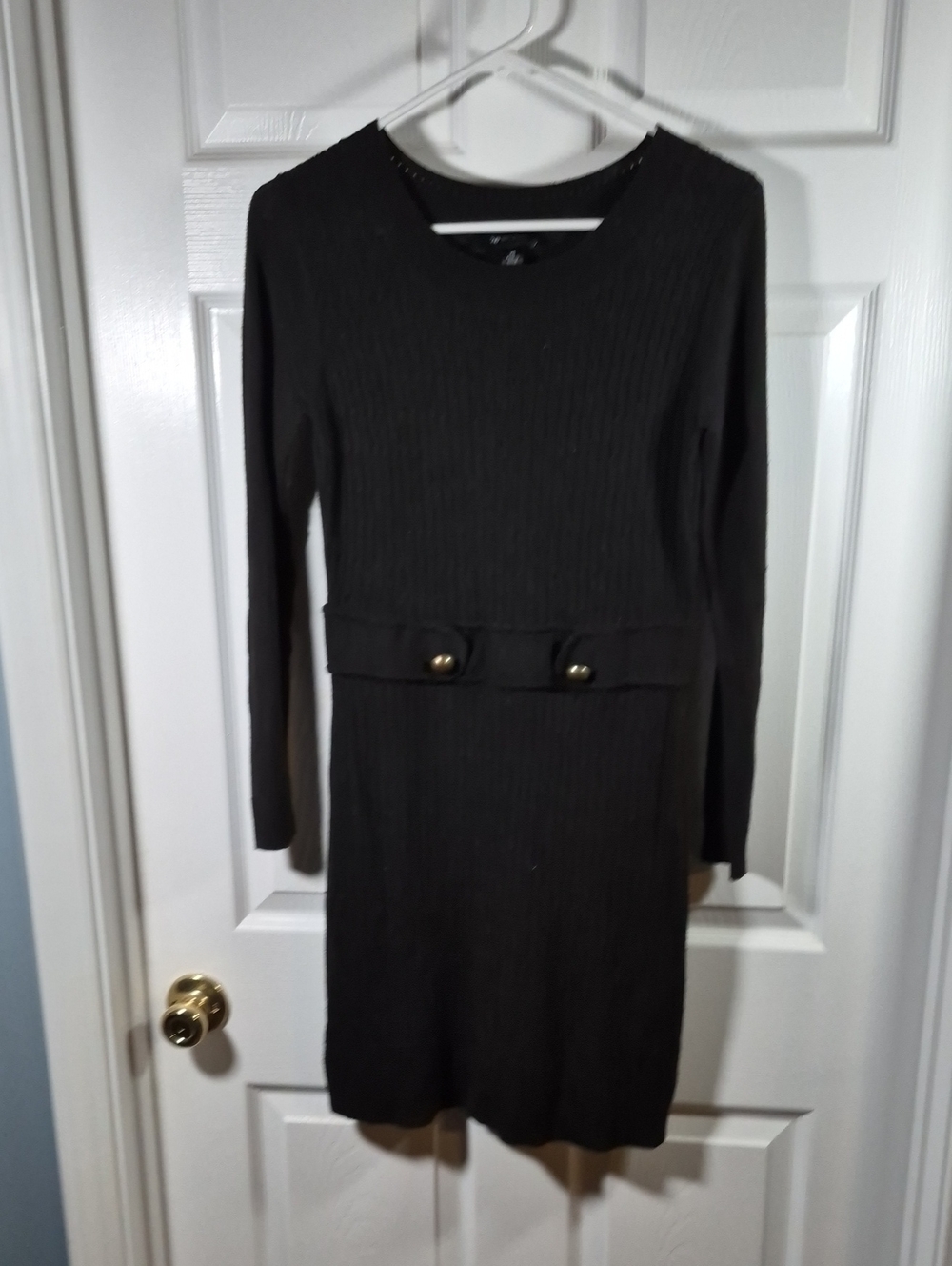 AB Studio Black Long Sleeve Ribbed Knit Dress with Waist Button Detail